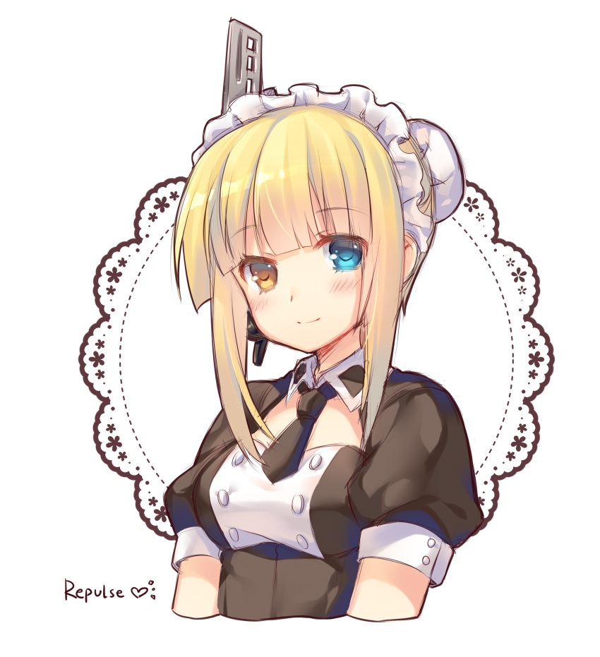 1girl absurdres bangs black_dress black_necktie blonde_hair blue_eyes blunt_bangs blush buttons character_name closed_mouth dress eyelashes hair_bun half_updo headphones heterochromia highres jiang-ge looking_at_viewer maid maid_headdress necktie portrait repulse_(zhan_jian_shao_nyu) short_sleeves simple_background smile solo tied_hair yellow_eyes zhan_jian_shao_nyu