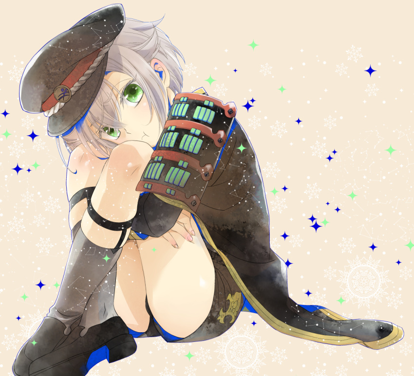 1boy :t armor cape garters green_eyes grey_legwear hat hotarumaru japanese_armor kneehighs leg_hug male_focus shorts silver_hair sitting sm_chika snowflakes sock_garters sode sparkle touken_ranbu