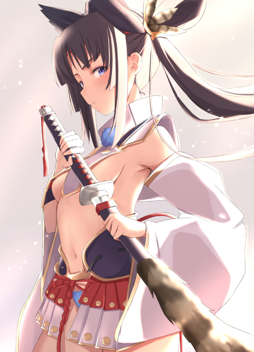 1girl absurdres armor black_hair blue_eyes blue_panties blush breasts detached_sleeves fate/grand_order fate_(series) highres holding holding_sword holding_weapon japanese_armor katana long_hair looking_at_viewer maosame medium_breasts navel panties scabbard sheath side_ponytail solo sword underwear unsheathing ushiwakamaru_(fate/grand_order) very_long_hair weapon