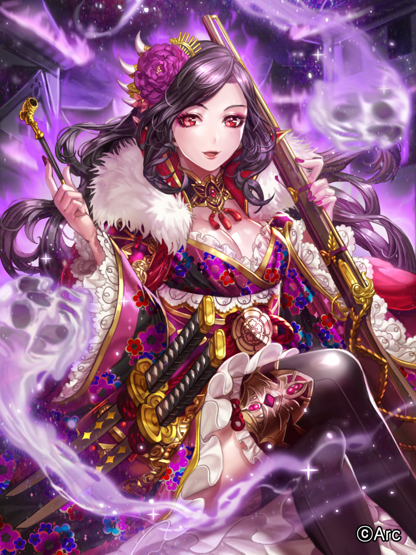 1girl :d black_hair black_legwear box_(hotpppink) breasts building cleavage commentary_request company_name family_crest floral_print flower frilled_kimono frilled_sleeves frills fur_collar gun hair_flower hair_ornament highres holding holding_gun holding_pipe holding_weapon japanese_clothes katana kimono kiseru legs_crossed long_hair long_sleeves looking_at_viewer medium_breasts multicolored multicolored_clothes multicolored_kimono musket nail_polish night night_sky obi oda_uri official_art open_mouth outdoors pipe print_kimono purple_flower purple_kimono purple_nails red_eyes sash scabbard sengoku_kishin_valkyrie sheath sheathed shiny shiny_hair sitting skull sky smile smoke solo sparkle star_(sky) starry_sky sword tassel thigh-highs weapon