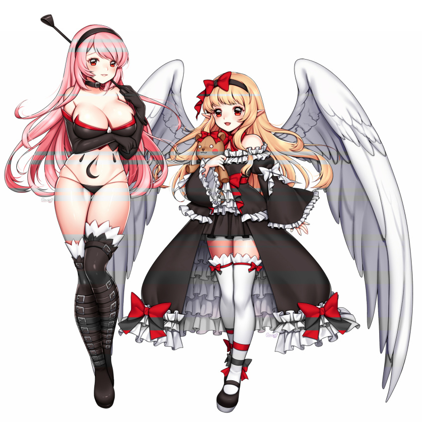 2girls angel_wings bare_shoulders blonde_hair boots bow breasts cleavage fangs hairband highres large_breasts long_hair looking_at_viewer multiple_girls navel open_mouth original parted_lips pink_hair pointy_ears red_bow red_eyes rewolf simple_background thigh-highs thigh_boots white_background white_bow white_legwear wings