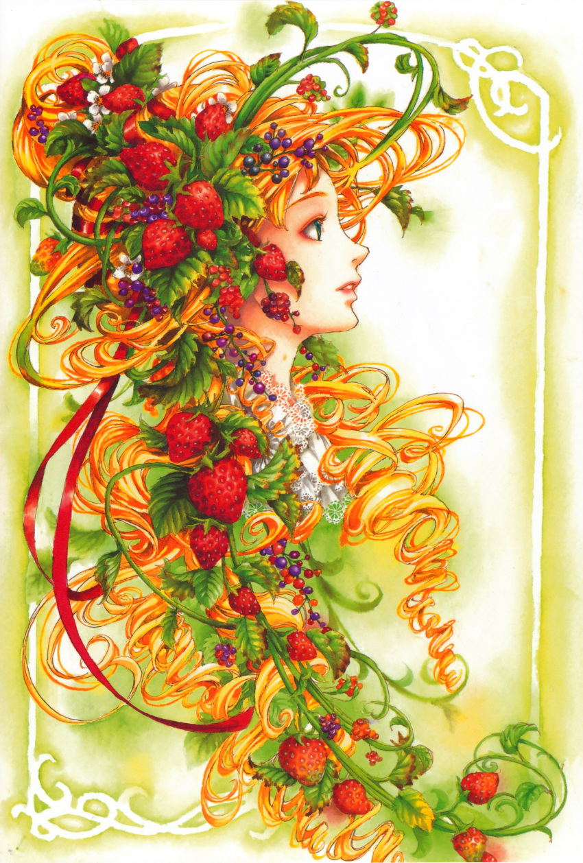 1girl absurdres aqua_eyes berries blonde_hair blue_eyes border colorful copyright_request curly_hair eyeliner flower food food_themed_hair_ornament from_side fruit hair_ornament highres lace_trim lips long_hair looking_away makeup nao_tsukiji parted_lips plant portrait profile solo source_request strawberry strawberry_blossoms strawberry_hair_ornament