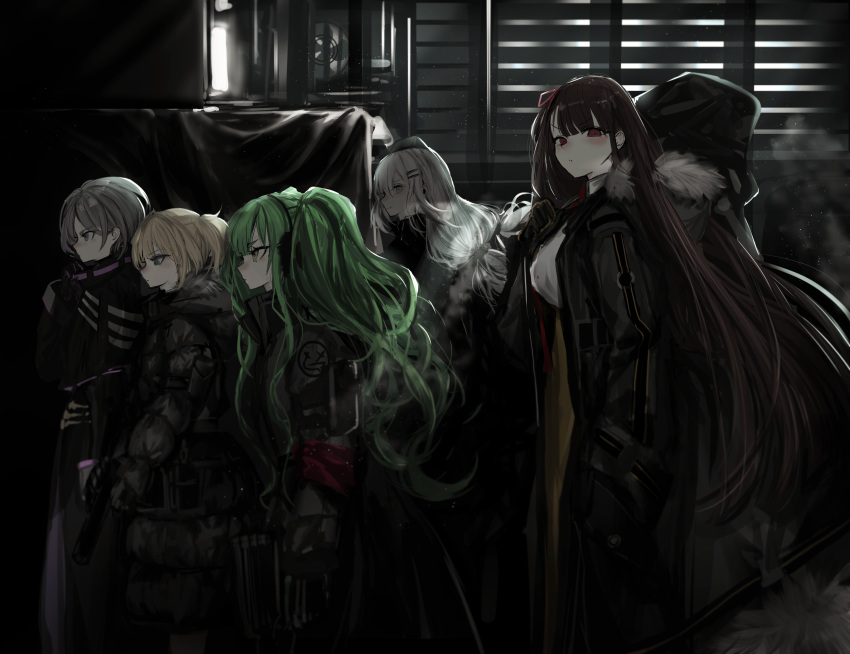 5girls bag bangs black_gloves blonde_hair blunt_bangs blush breasts coat contender_(girls_frontline) earmuffs girls_frontline gloves green_eyes green_hair grey_eyes gun hair_ornament hairclip handgun hat highres holding holding_gun holding_weapon jacket long_hair looking_at_viewer m590_(girls_frontline) multiple_girls naruwe purple_hair red_eyes short_hair silver_hair smile svd_(girls_frontline) twintails wa2000_(girls_frontline) weapon welrod_mk2 welrod_mk2_(girls_frontline) winter_clothes winter_coat yellow_eyes