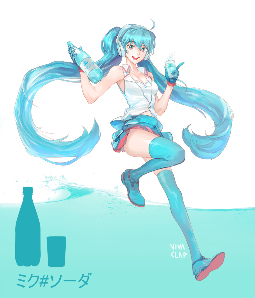 1girl ahoge blue_eyes blue_hair full_body gloves hatsune_miku headphones highres long_hair looking_at_viewer open_mouth skirt soda soda_bottle solo thigh-highs twintails very_long_hair vivaclap vocaloid white_background