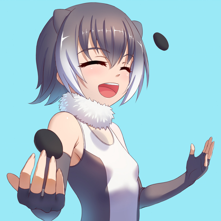 1girl :d ^_^ animal_ears bare_shoulders black_hair blue_background closed_eyes elbow_gloves eyebrows_visible_through_hair fingerless_gloves fur_collar gloves gradient_hair grey_hair highres juggling kemono_friends multicolored_hair open_mouth otter_ears short_hair simple_background sion_(sion9117ys) small-clawed_otter_(kemono_friends) smile solo upper_body |d