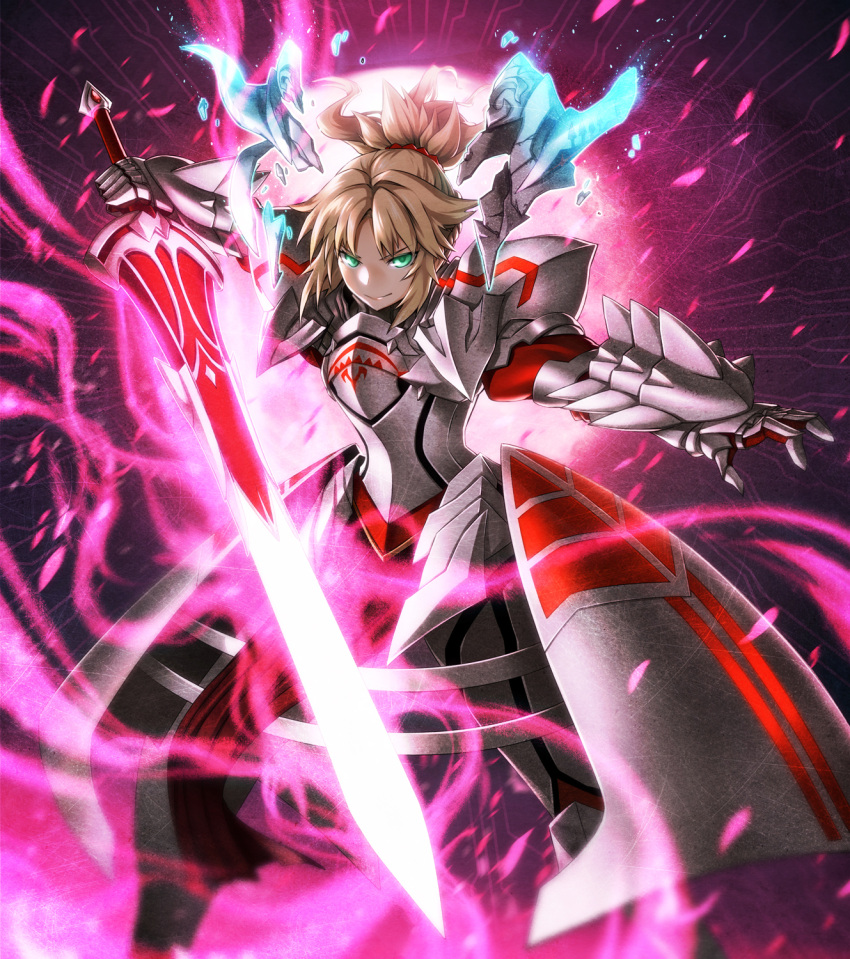 1girl ahoge aqua_eyes armor armored_boots armored_dress bangs blonde_hair boots breastplate broken clarent closed_mouth explosion fate/apocrypha fate/grand_order fate_(series) faulds fighting_stance gauntlets glowing glowing_eyes glowing_sword glowing_weapon highres holding holding_sword holding_weapon kurobuchi_numama legs_apart long_hair looking_at_viewer outstretched_arms pauldrons ponytail revision saber_of_red smile solo standing sword weapon