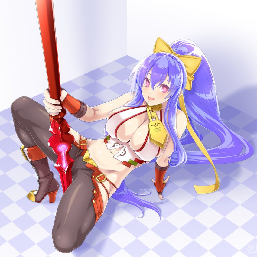 1girl arm_support backless_outfit bangs bare_shoulders between_legs between_thighs black_boots black_pants blazblue blazblue:_central_fiction blazblue_variable_heart blue_hair blush boots bow breasts checkered checkered_floor cleavage female fingerless_gloves folded_leg full_body genderswap genderswap_(mtf) gloves groin hair_between_eyes hair_bow halter_top halterneck high_heel_boots high_heels holding holding_weapon large_breasts leaning_back long_hair looking_at_viewer lowleg lowleg_pants mai_natsume midriff navel no_bra no_panties open_mouth osafune_kairi outseal pants polearm ponytail revealing_clothes ribbon shadow sideboob sidelocks skindentation smile solo spear spread_legs squatting standing thighs very_long_hair violet_eyes weapon yellow_bow