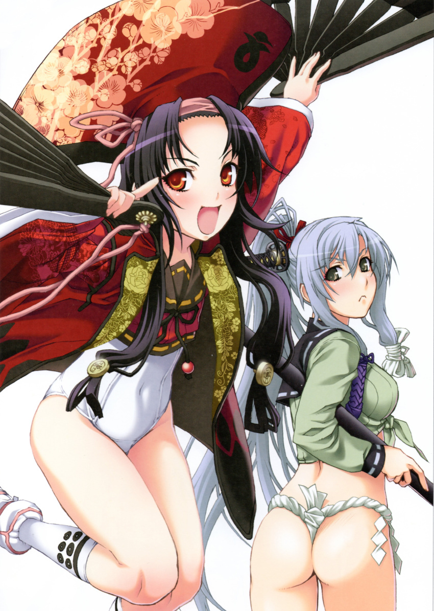 2girls absurdres ass bangs black_hair breasts detached_sleeves eyebrows_visible_through_hair fan fundoshi gotou_matabei hat highres holding holding_fan hyakka_ryouran_samurai_girls japanese_clothes long_hair long_sleeves looking_at_viewer looking_back medium_breasts multiple_girls nishii_(nitroplus) one-piece_swimsuit open_mouth ponytail red_eyes sanada_yukimura_(hyakka_ryouran) scan school_swimsuit simple_background small_breasts swimsuit swimsuit_under_clothes white_background white_school_swimsuit white_swimsuit wide_sleeves