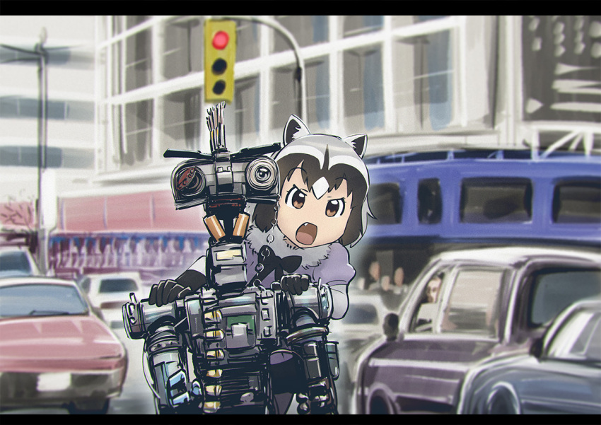 1girl animal_ears black_hair bow bowtie brown_eyes car commentary_request common_raccoon_(kemono_friends) fang gloves grey_hair ground_vehicle johnny_5 kemono_friends mechanical motor_vehicle multicolored_hair open_mouth outdoors raccoon_ears robot short_circuit_2 short_hair short_sleeves traffic_light ueyama_michirou