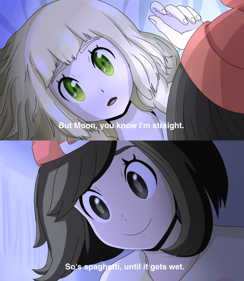 2girls 2koma black_eyes black_hair blonde_hair comic english green_eyes highres kuzu_no_honkai lillie_(pokemon) lying mizuki_(pokemon_sm) multiple_girls nocunoct on_back parody pokemon pokemon_(game) pokemon_sm replaceme revision subtitled you_gonna_get_raped yuri