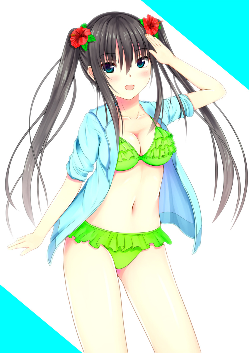 1girl bikini black_hair blue_eyes blush breasts green_bikini highres kurokami_(kurokaminohito) medium_breasts navel original salute smile solo swimsuit swimsuit_skirt swimsuit_under_clothes thighs twintails