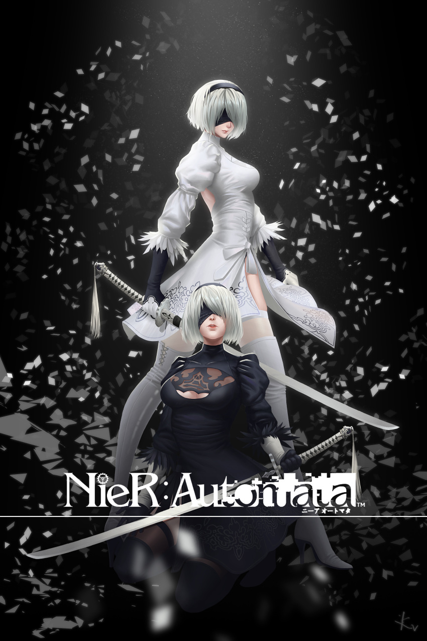1girl absurdres alternate_costume blindfold breasts cleavage copyright_name grey_hair high_ponytail highres katana large_breasts nier_(series) nier_automata short_hair solo squatting sword thigh-highs weapon yorha_no._2_type_b