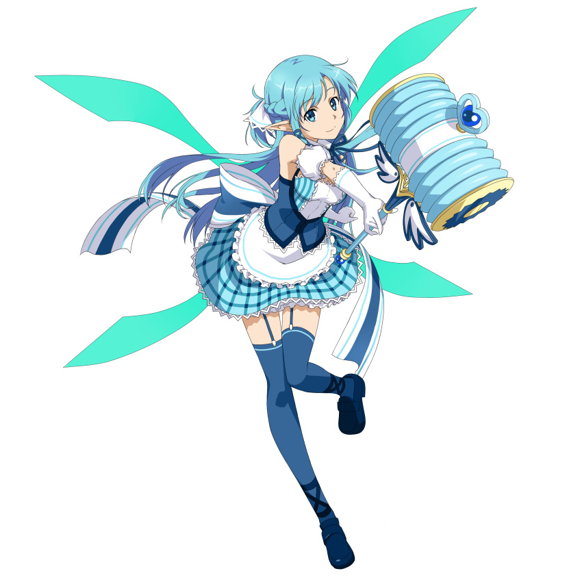 1girl absurdres apron asuna_(sao-alo) blue_dress blue_eyes blue_hair blue_ribbon dress elbow_gloves female floating_hair full_body garter_straps gloves green_wings hair_ribbon hammer highres holding_hammer leaning_forward long_hair looking_at_viewer maid one_leg_raised pointy_ears ribbon short_dress smile solo standing standing_on_one_leg sword_art_online thigh-highs transparent_background very_long_hair white_apron white_gloves white_ribbon wings