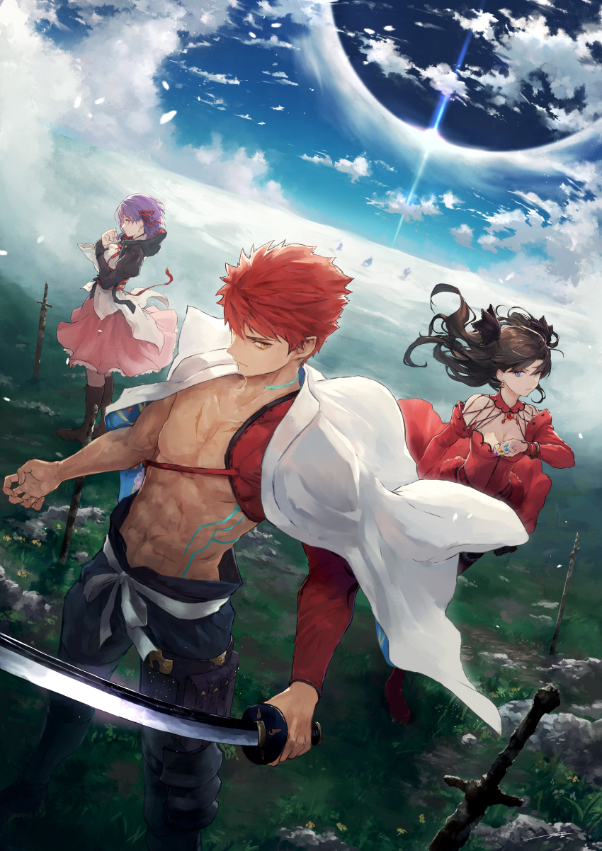 1boy 5girls abs absurdres back banner black_hair blue_eyes boots breasts cape cleavage clouds commentary_request cross-laced_footwear dress earrings emiya_shirou fate/grand_order fate_(series) field formalcraft fur_trim gem grass hair_ribbon highres hood hooded igote imaginary_around japanese_clothes jewelry katana kouzuki_kei lace-up_boots large_breasts limited/zero_over long_hair long_sleeves looking_at_another looking_at_viewer magic_circuit matou_sakura medium_breasts multiple_girls obi planted_sword planted_weapon purple_hair red_dress redhead ribbon ring ruler_(fate/apocrypha) saber sash scar shield shielder_(fate/grand_order) shirtless short_hair silhouette sky smile standing sword tohsaka_rin two_side_up violet_eyes weapon wind yellow_eyes