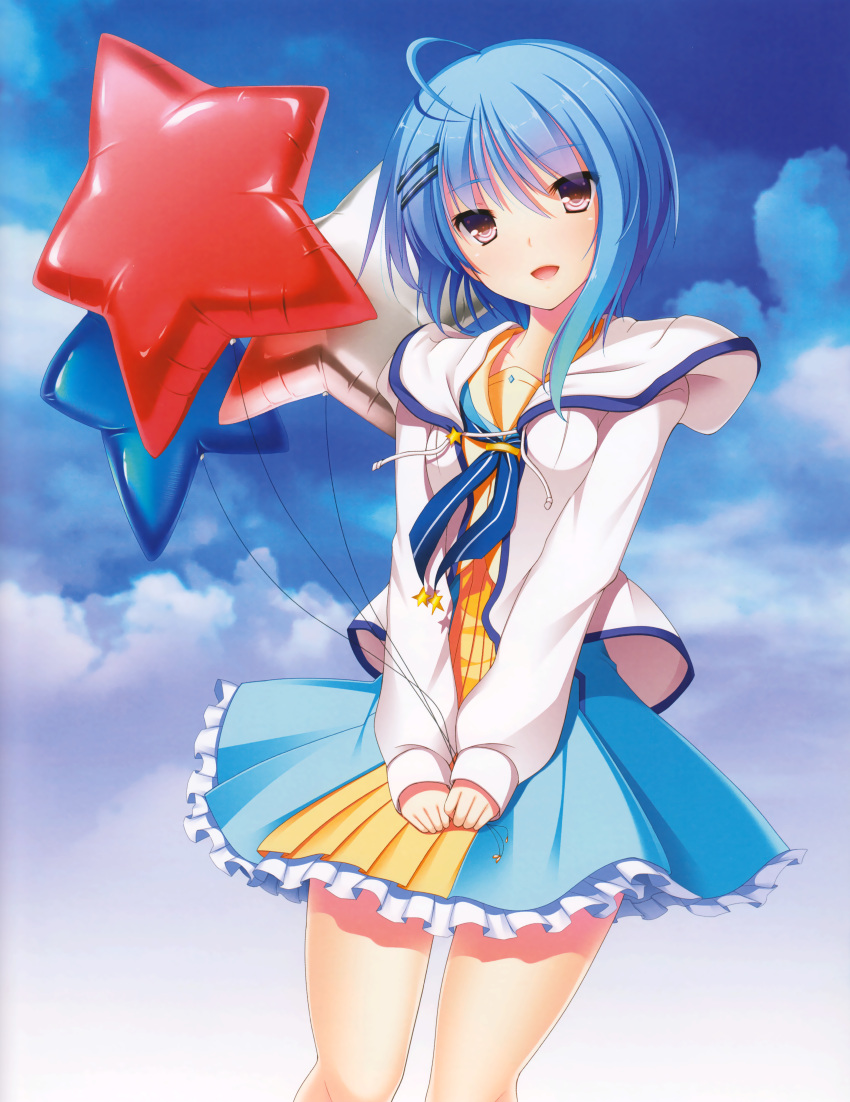 1girl :d absurdres ahoge asymmetrical_hair balloon blue_dress blue_hair breasts brown_eyes clouds cloudy_sky collarbone cowboy_shot day dress eyebrows_visible_through_hair frilled_dress frills head_tilt highres hoshi_ori_yume_mirai huge_filesize incredibly_absurdres long_hair looking_at_viewer mutou_kurihito open_mouth ousaka_sora outdoors short_dress sky small_breasts smile solo standing