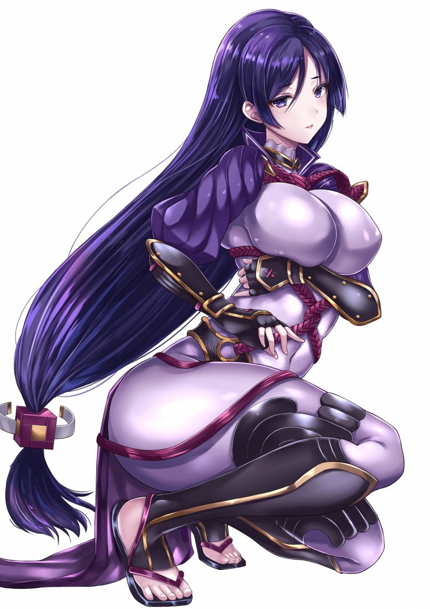 1girl absurdly_long_hair armor black_gloves blush breasts cleavage eyebrows_visible_through_hair fate/grand_order fate_(series) fingerless_gloves gloves highres large_breasts long_hair looking_at_viewer minamoto_no_raikou_(fate/grand_order) parted_lips purple_hair sandals simple_background smile solo squatting sword taka-kun very_long_hair violet_eyes weapon white_background