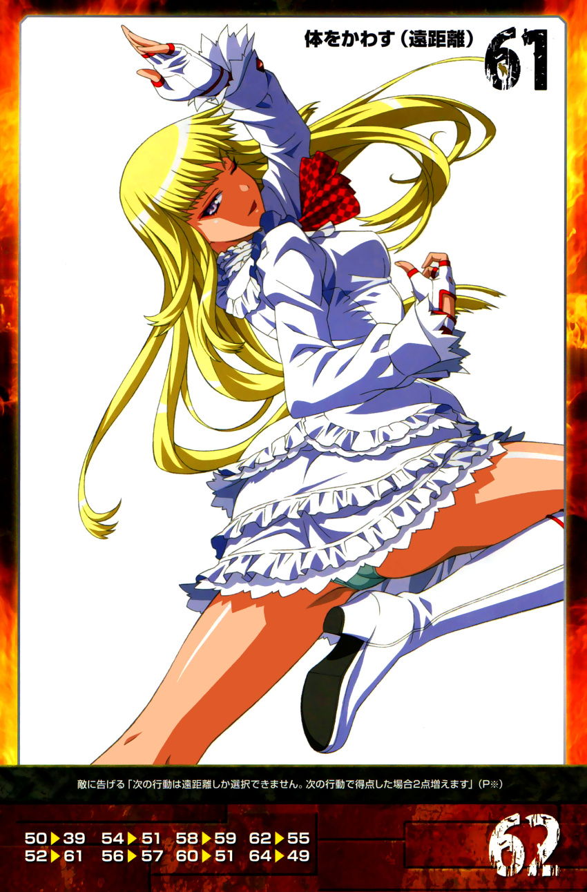 1girl absurdres arm_up bangs blonde_hair boots breasts detached_sleeves eyebrows_visible_through_hair fingerless_gloves frilled_skirt frills gloves highres knee_boots lili_(tekken) long_hair long_sleeves looking_at_viewer looking_back medium_breasts morita_kazuaki official_art one_eye_closed open_mouth panties queen's_gate simple_background skirt smile solo tekken underwear violet_eyes white_background white_boots