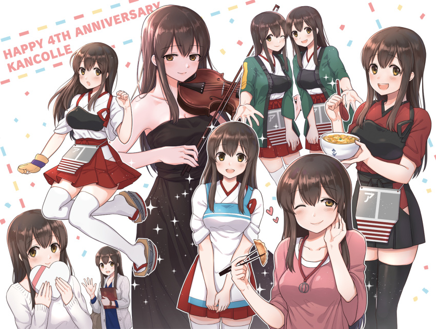 10s 1girl :d akagi_(kantai_collection) alternate_costume apron armpit_peek bare_arms bare_shoulders black_dress black_hakama black_legwear bowl box breasts brown_eyes brown_hair chopsticks collarbone dress dumpling eyebrows_visible_through_hair food fukuroumori gift gift_box gloves hair_between_eyes hakama heart holding holding_bowl holding_chopsticks holding_gift holding_instrument holding_spoon instrument japanese_clothes jiaozi kantai_collection long_dress long_hair long_sleeves medium_breasts multiple_views muneate one_eye_closed open_mouth partly_fingerless_gloves pink_shirt red_hakama shirt short_sleeves simple_background smile solo spoon standing strapless strapless_dress tasuki thigh-highs violin white_coat white_legwear white_shirt yugake