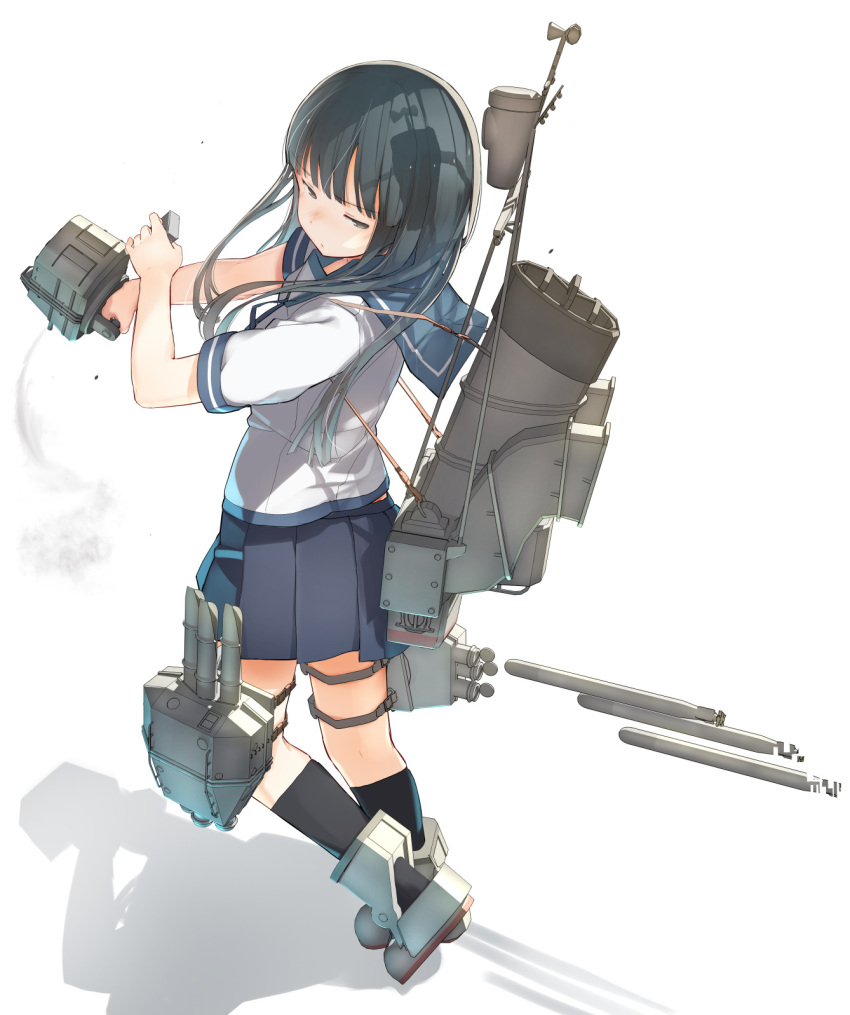 1girl black_eyes black_hair black_legwear blue_sailor_collar blue_skirt fuu_fuu hatsuyuki_(kantai_collection) highres hime_cut kantai_collection long_hair machinery pleated_skirt sailor_collar school_uniform serafuku shadow short_sleeves simple_background skirt smokestack solo torpedo white_background