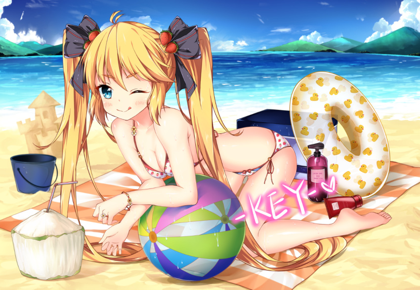 1girl ahoge andrea_doria_(zhan_jian_shao_nyu) aqua_eyes arm_rest arm_support artist_name ball barefoot beach bent_over bikini blonde_hair blue_sky blush bottle bow_bikini box bracelet breasts bucket cleavage clouds cushion day drinking_straw eyelashes flipped_hair food_print food_themed_hair_ornament hair_ornament jewelry kkkkkey kneeling knees_together_feet_apart lifebuoy looking_at_viewer medium_breasts mountain ocean one_eye_closed outdoors ring sand_castle sand_sculpture side-tie_bikini sky smile solo strawberry_hair_ornament strawberry_print swimsuit tongue tongue_out tube twintails white_bikini zhan_jian_shao_nyu