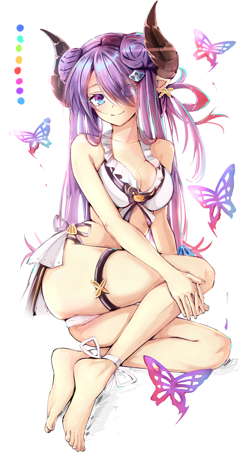 1girl absurdres ankle_ribbon barefoot bikini blue_eyes breasts butterfly cleavage collarbone eyes_visible_through_hair feet full_body granblue_fantasy hair_over_one_eye highres horns long_hair looking_at_viewer medium_breasts narumeia_(granblue_fantasy) pointy_ears purple_hair ribbon simple_background smile solo swimsuit thigh_strap toes very_long_hair white_background white_bikini white_ribbon yutchin