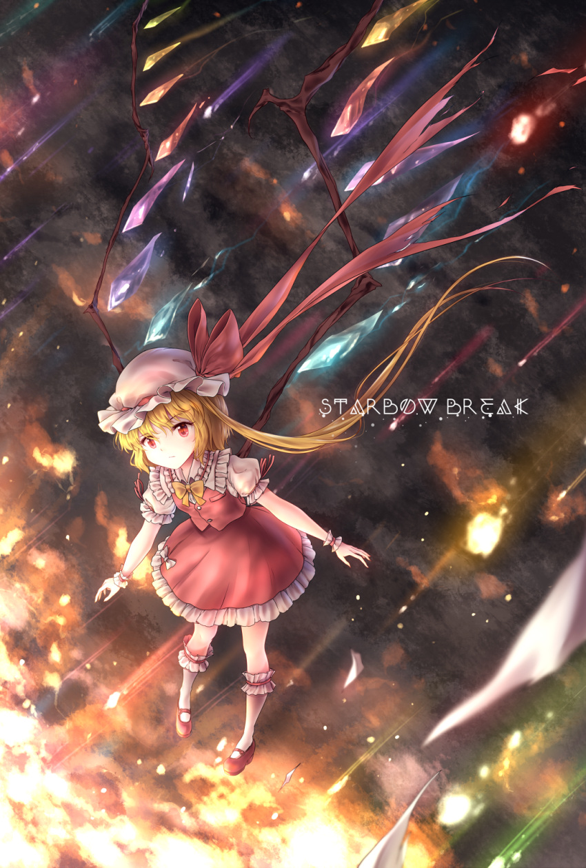 1girl blonde_hair bow bowtie danmaku flandre_scarlet frilled_shirt frilled_skirt frills frown glowing hat hat_ribbon highres long_hair looking_at_viewer minust mob_cap puffy_short_sleeves puffy_sleeves red_eyes red_shirt red_skirt ribbon shirt short_sleeves side_ponytail skirt skirt_set slit_pupils solo touhou wings wrist_cuffs