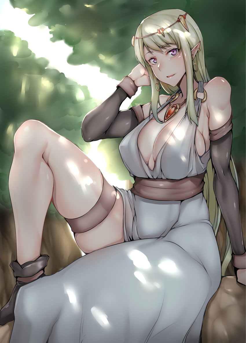 1girl :d absurdres bare_shoulders blonde_hair breasts circlet cleavage commentary_request detached_sleeves earrings elf gggg highres jewelry large_breasts long_hair looking_at_viewer necklace open_mouth original pointy_ears sitting smile solo violet_eyes