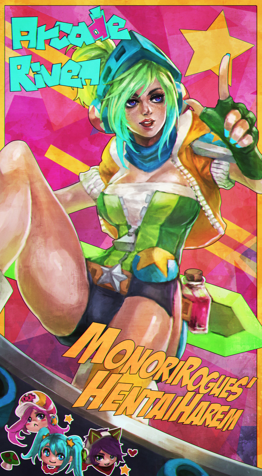 1girl :&lt; absurdres alternate_costume animal_ears arcade_ahri arcade_miss_fortune arcade_riven arcade_sona artist_name belt_buckle bike_shorts breasts buckle character_name chibi_inset cleavage commentary eyelashes fox_ears green_hair headphones helmet highres huge_filesize league_of_legends lipstick makeup medium_breasts monori_rogue parted_lips riven_(league_of_legends) scarf short_hair shorts solo_focus sona_buvelle star violet_eyes