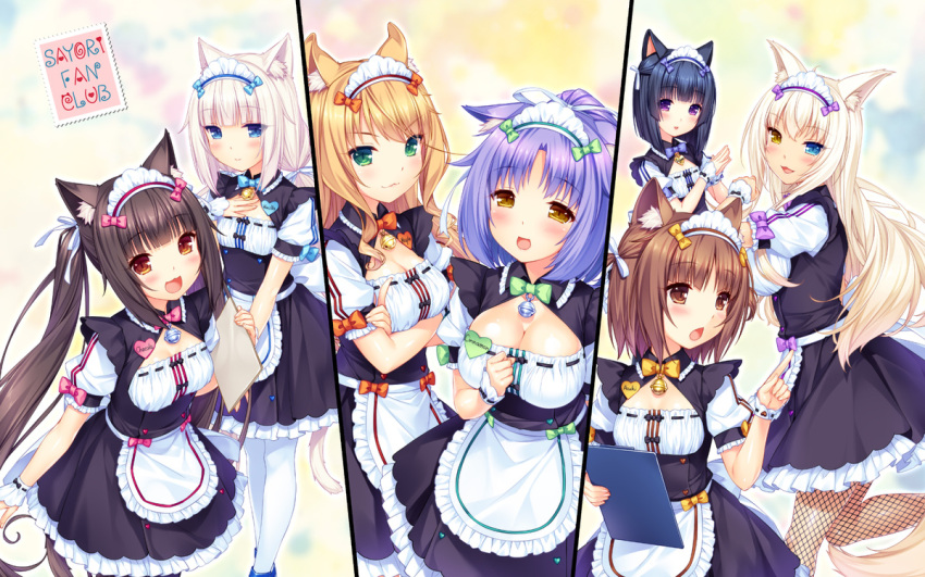 &gt;:3 6+girls :3 :d animal_ears apron artist_name azuki_(sayori) bangs bell black_hair blonde_hair blue_eyes blunt_bangs bow bowtie breast_hold breasts brown_eyes brown_hair cat_ears cat_tail character_name chestnut_mouth chocola_(sayori) cinnamon_(sayori) cleavage cleavage_cutout coconut_(sayori) eyebrows_visible_through_hair fishnets frilled_apron frills green_eyes hair_ribbon hand_on_own_chest hands_together heart heterochromia jingle_bell large_breasts long_hair looking_at_viewer low_twintails maid maid_headdress maple_(sayori) medium_breasts minazuki_shigure multiple_girls name_tag nekopara notepad open_mouth ponytail puffy_short_sleeves puffy_sleeves purple_hair ribbon ribbon-trimmed_clothes ribbon_trim sayori short_hair short_sleeves slit_pupils small_breasts smile tail twintails two_side_up vanilla_(sayori) very_long_hair violet_eyes waist_apron wallpaper white_hair white_legwear wrist_cuffs yellow_eyes