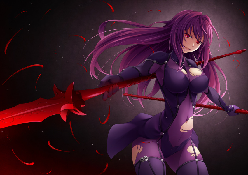 1girl armor bodysuit covered_navel dual_wielding fate/grand_order fate_(series) gae_bolg holding holding_weapon long_hair looking_at_viewer mukunokino_isshiki open_mouth pauldrons polearm purple_bodysuit purple_hair red_eyes scathach_(fate/grand_order) shoulder_armor solo spear torn_clothes weapon