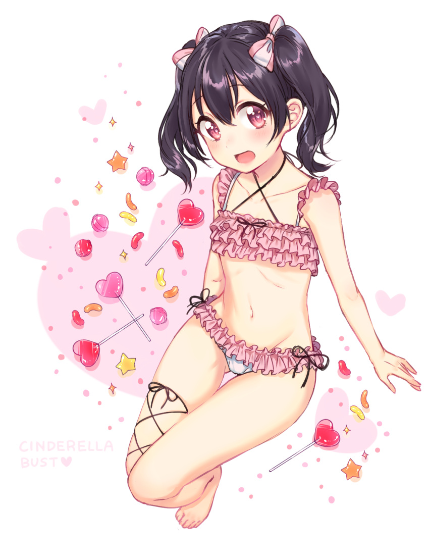 1girl bare_shoulders barefoot black_hair black_ribbon blush bow bra cinderella_bust collarbone frilled_bra frilled_panties frills full_body groin hair_bow hair_ornament heart heart-shaped_pupils highres long_hair looking_at_viewer love_live! navel open_mouth panties red_eyes ribbon simple_background solo symbol-shaped_pupils thigh_ribbon twintails umeno_(shio1205) underwear underwear_only white_background white_panties yazawa_nico