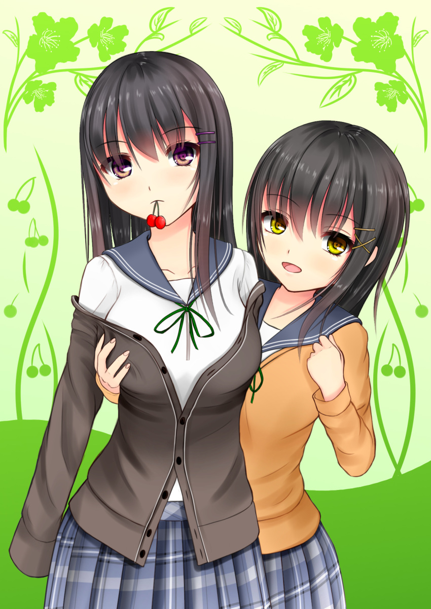 2girls black_hair blush cherry cherry_print food food_print fruit groping hair_ornament highres kurokami_(kurokaminohito) long_hair multiple_girls original plaid plaid_skirt school_uniform serafuku short_hair skirt sleeves_past_wrists smile violet_eyes x_hair_ornament yellow_eyes yuri