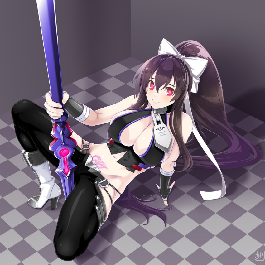 1girl alternate_color alternate_eye_color alternate_hair_color arm_support backless_outfit bangs bare_shoulders between_legs between_thighs black_hair black_pants blazblue blazblue:_central_fiction blazblue_variable_heart blush boots bow breasts checkered checkered_floor cleavage embarrassed female fingerless_gloves folded_leg full_body genderswap genderswap_(mtf) gloves groin hair_between_eyes hair_bow halter_top halterneck heart heart-shaped_pupils heart_tattoo high_heel_boots high_heels holding holding_weapon large_breasts leaning_back long_hair looking_at_viewer lowleg lowleg_pants mai_natsume midriff navel no_bra no_panties open_mouth osafune_kairi outseal pants polearm ponytail pubic_tattoo red_eyes revealing_clothes ribbon shadow sideboob sidelocks skindentation smile solo spear spread_legs squatting standing symbol-shaped_pupils tattoo thighs very_long_hair weapon white_boots white_bow