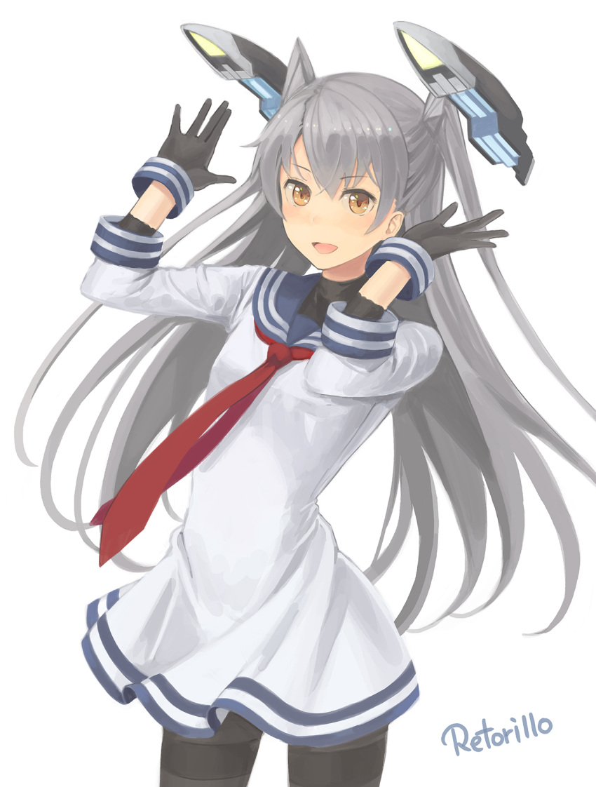 1girl amatsukaze_(kantai_collection) arms_up artist_name black_gloves blush breasts cosplay cowboy_shot dress gloves grey_hair headgear highres kantai_collection long_hair looking_at_viewer murakumo_(kantai_collection) murakumo_(kantai_collection)_(cosplay) necktie open_mouth orange_eyes pantyhose red_necktie retorillo sailor_dress small_breasts smile solo thighband_pantyhose two_side_up white_background