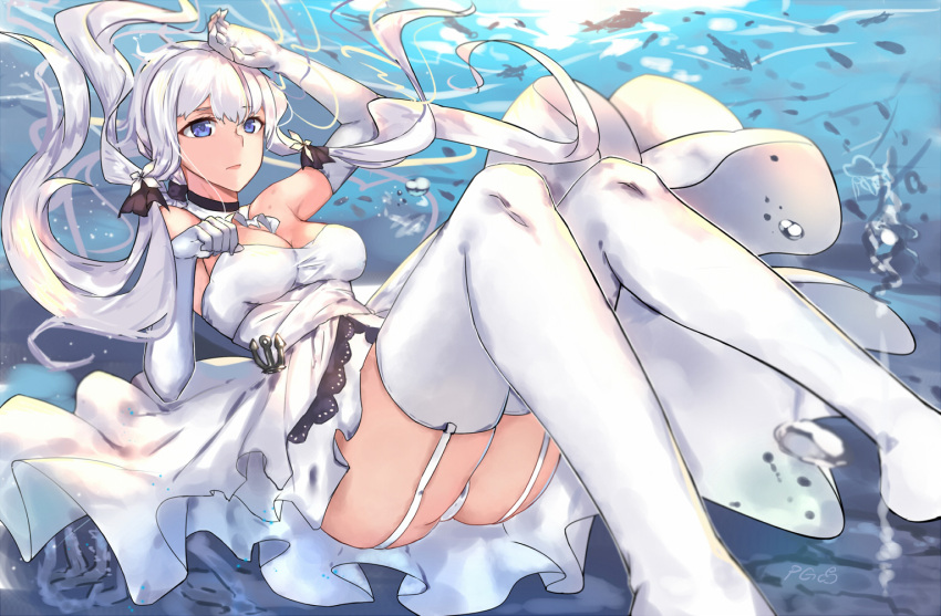 1girl anchor ass bare_shoulders bilan_hangxian breasts cleavage detached_collar dress elbow_gloves gloves illustrious_(bilan_hangxian) long_hair low_twintails medium_breasts mou_zhi_pingguo panties sash solo strapless strapless_dress thigh-highs thighs twintails underwater underwear very_long_hair water white_dress white_gloves white_hair white_legwear white_panties