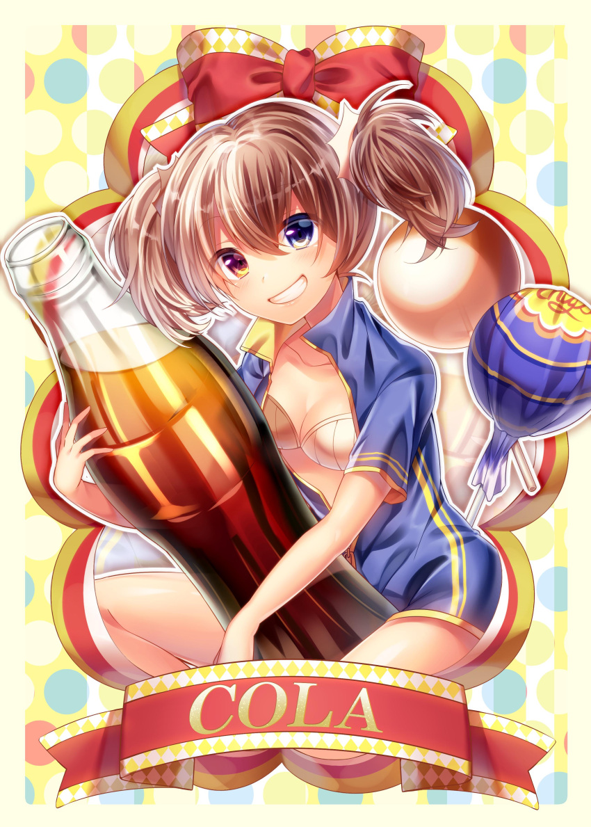 1girl absurdres blue_eyes blush bottle breasts brown_hair character_request cleavage collarbone copyright_request heterochromia highres holding holding_bottle large_breasts looking_at_viewer ntk_(7t5) parted_lips short_hair short_sleeves short_twintails smile solo teeth twintails yellow_eyes
