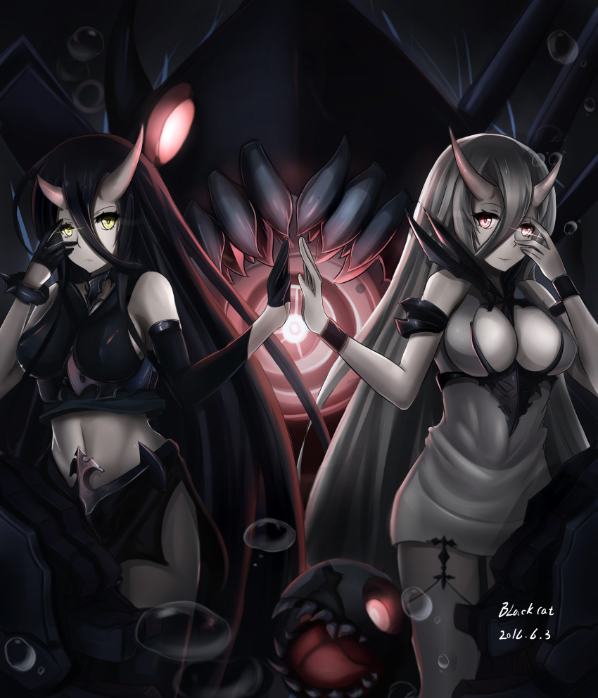 10s 2girls absurdres black_gloves black_hair blackcat12 blush breasts bubble character_request cleavage dated eyebrows_visible_through_hair gloves highres horns kantai_collection large_breasts long_hair looking_at_viewer multiple_girls navel red_eyes sideboob signature smile white_hair white_skin yellow_eyes