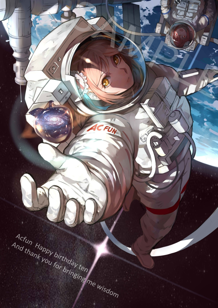 2girls acfun acfun_girl astronaut baimao_sunny bun_cover double_bun highres multiple_girls space spacesuit td_girl