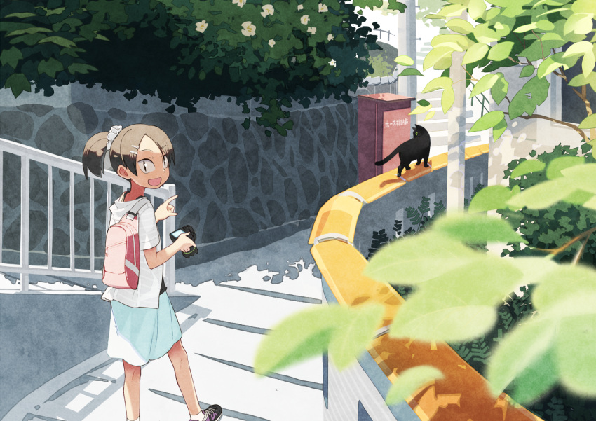 1girl alley backpack bag black_cat blurry brown_hair camera cat commentary depth_of_field flower hair_ornament hairclip leaf looking_at_viewer looking_back open_mouth original outdoors plant pointing ponytail railing scrunchie shadow shoes skirt slit_pupils smile sneakers solo stairs walking wall yukihiroyuki