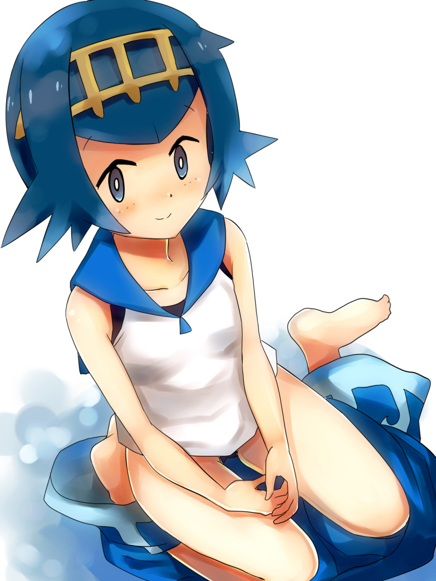 1girl bangs barefoot blue_eyes blue_hair blue_pants blue_sailor_collar breasts bright_pupils capri_pants closed_mouth collarbone from_above hairband hands_together highres hijiri-tukasa looking_at_viewer one-piece_swimsuit pants pants_down pokemon pokemon_(game) pokemon_sm sailor_collar school_swimsuit seiza shirt short_eyebrows short_hair sitting sleeveless sleeveless_shirt small_breasts smile solo suiren_(pokemon) swimsuit swimsuit_under_clothes trial_captain white_background white_shirt yellow_hairband
