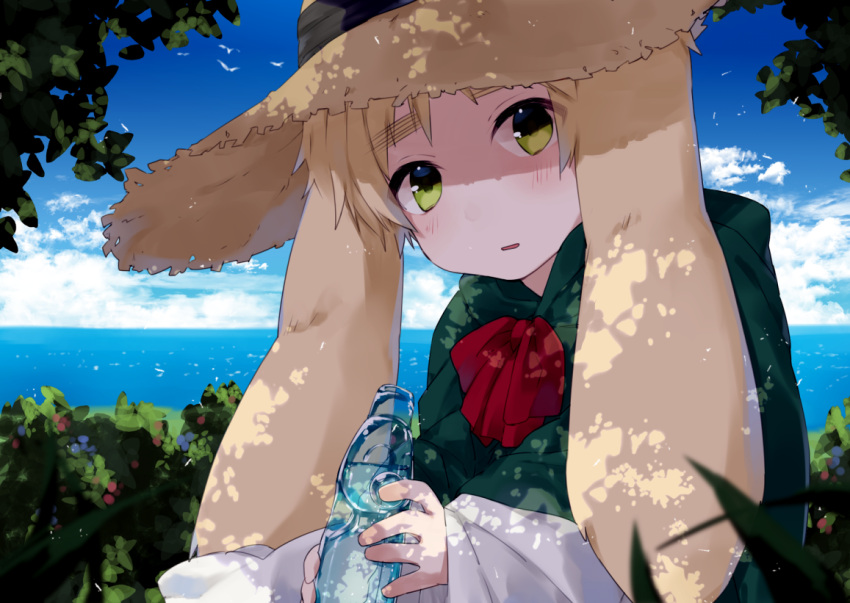 1boy axis_powers_hetalia blonde_hair blush bottle character_request eyebrows_visible_through_hair green_eyes hat holding holding_bottle looking_at_viewer parted_lips petopetoo short_hair solo upper_body water_bottle