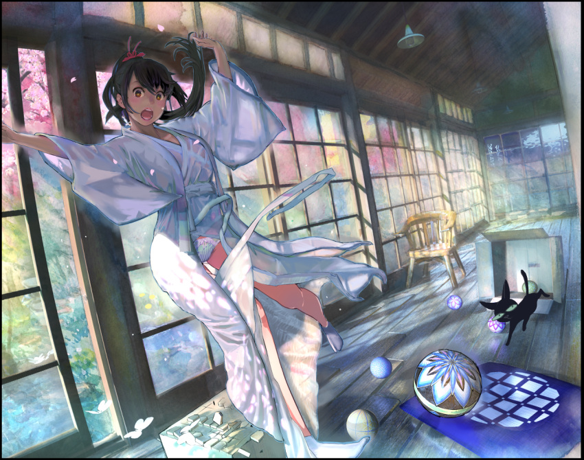 1girl black_hair board_game border box brown_eyes butterfly cat chair cherry_blossoms falling japanese_clothes kimono long_hair looking_at_viewer open_mouth original panties ponytail shougi socks solo striped temari_ball underwear vertical-striped_panties vertical_stripes wardrobe_malfunction zunga