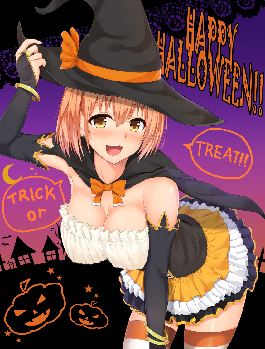 1girl absurdres airi_(satosi) bare_shoulders bat bent_over blush bracelet breasts bridal_gauntlets cape cleavage corset crescent_moon dress earrings eyebrows_visible_through_hair frilled_dress frills halloween halloween_costume happy_halloween hat highres jack-o'-lantern jewelry large_breasts moon nose_blush orange_hair original satosi short_hair star strapless strapless_dress striped striped_legwear stud_earrings thigh-highs trick_or_treat witch_hat yellow_eyes zettai_ryouiki