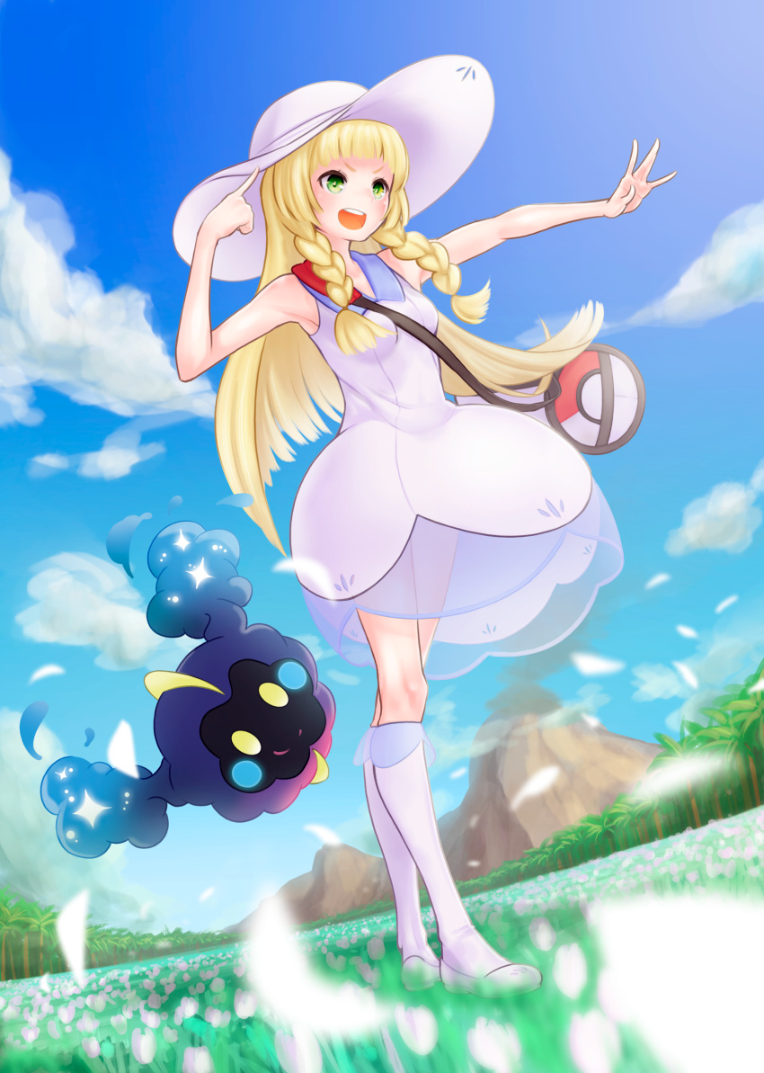 1girl absurdres arm_up armpits bag bangs bare_shoulders blonde_hair blue_shoes blue_sky blunt_bangs braid breasts clouds collared_dress cosmog day dress duffel_bag dutch_angle flower full_body grass green_eyes hat highres keije kneehighs lillie_(pokemon) long_hair looking_at_viewer open_mouth outdoors outstretched_arm palm_tree petals poke_ball_theme pokemon pokemon_(creature) pokemon_(game) pokemon_sm see-through shoes sky sleeveless sleeveless_dress small_breasts standing sun_hat sundress teeth tree twin_braids volcano white_dress white_hat white_legwear wind