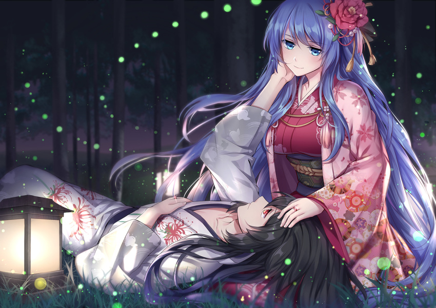 1boy 1girl althea_(sakiya0000) arm_up black_hair blue_eyes blue_hair breasts collarbone eye_contact floating_hair flower forest hair_flower hair_ornament hand_on_another's_cheek hand_on_another's_face hand_on_another's_shoulder japanese_clothes jewelry kimono kneeling lantern lap_pillow large_breasts long_hair looking_at_another lying nature night obi on_back original outdoors oyukata red_eyes red_flower red_kimono ring sash smile tree very_long_hair
