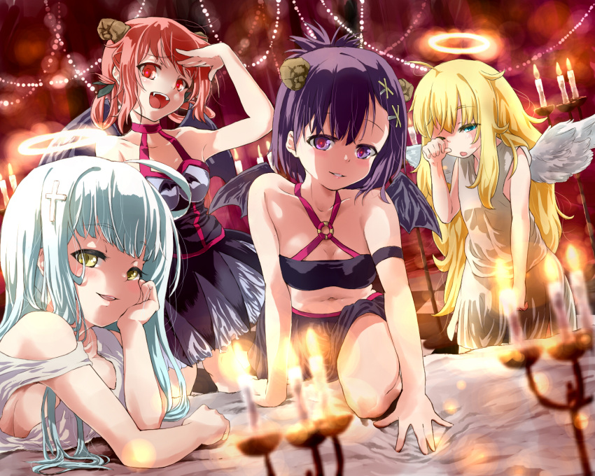 4girls angel angel_wings bare_shoulders bed black_hair blonde_hair blue_eyes blurry blush breasts candle come_hither commentary_request cross_hair_ornament demon demon_girl demon_wings depth_of_field fang flat_chest gabriel_dropout hair_ornament hallelujah_essaim halo highres horns kurumizawa_satanichia_mcdowell large_breasts light_particles long_hair looking_at_viewer midriff multiple_girls navel one_eye_closed open_mouth parted_lips red_eyes redhead revision rubbing_eyes sazanka seductive_smile shiraha_raphiel_ainsworth short_hair sideboob small_breasts smile tenma_gabriel_white tsukinose_vignette_april violet_eyes white_hair wings yellow_eyes