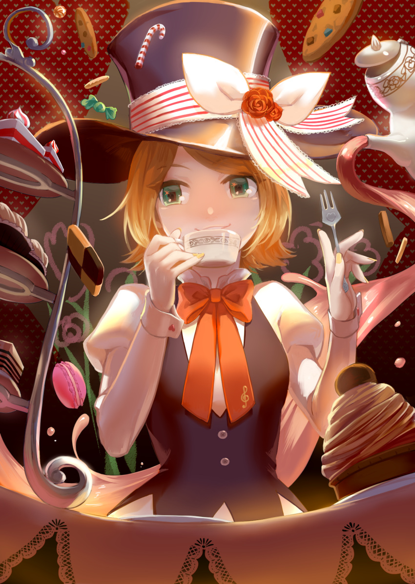 1girl alice_in_musicland_(vocaloid) black_hat blonde_hair blush bow eyebrows_visible_through_hair fork green_eyes hat hat_ribbon highres holding holding_fork kagamine_rin looking_at_viewer nail_polish parted_lips plate red_bow red_ribbon ribbon short_hair smile solo table teapot top_hat vocaloid white_ribbon wrist_cuffs yellow_nails zhong_(cy1213som)