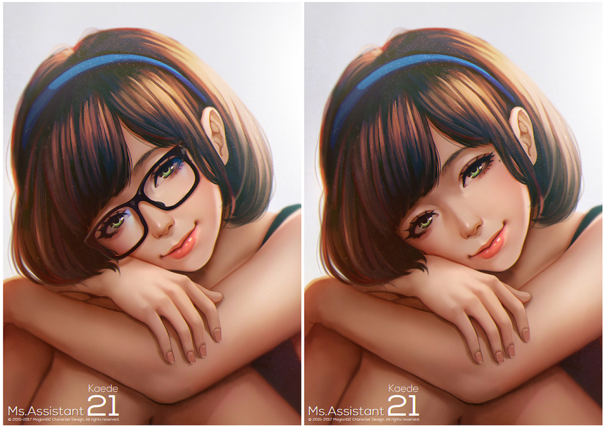 1girl 2015 2016 bangs black-framed_eyewear blue_hairband brown_hair character_name closed_mouth commentary copyright_name crossed_arms eyebrows eyelashes fingernails glasses green_eyes hairband kaede_(ms.assistant) lipstick looking_at_viewer magion02 makeup mole mole_under_eye ms.assistant multiple_views nose original parted_bangs red_lipstick revision short_hair upper_body variations
