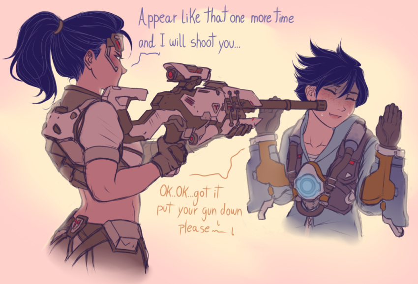 2girls blue_hair closed_eyes collarbone english gloves graffiti_tracer gun hands_up hood hoodie multiple_girls murasaki-yuri overwatch pointing_weapon ponytail rifle sniper_rifle sweatdrop talon_widowmaker tracer_(overwatch) vest weapon widowmaker_(overwatch)