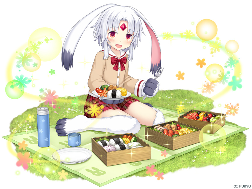 1girl :d animal_ears apple bangs bird blackcurrant blush bottle bow bowtie bunny_girl buttons company_name crystal cucumber cup egg_roll eyebrows_visible_through_hair flower food forehead_jewel fork fruit full_body fur gem grass holding holding_fork holding_plate kiwi long_sleeves looking_at_viewer monmusume-harem namaru_(summer_dandy) obentou official_art onigiri open_mouth orange paws picnic plaid plaid_skirt plate rabbit_ears red_bow red_bowtie red_eyes red_skirt ruby_(stone) rurie_(monmusume-harem) short_hair simple_background sitting skirt smile solo strawberry tako-san_wiener tareme wariza water_bottle white_background white_hair